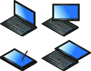 A convertible tablet PC laptop computer. Screen shown in 4 orientations: laptop mode, twisted, tablet/slate mode, and opened flat. Stylus is a separate element.