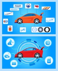 Car auto hardware diagnostics, condition of vehicle, scanning, test and monitoring, analysis, vector illustration. Car insurance service. Transport engine, automobile with auto icons.