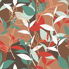 Summer Seamless Pattern with Abstract Vector Art Leaves Outline and Silhouette