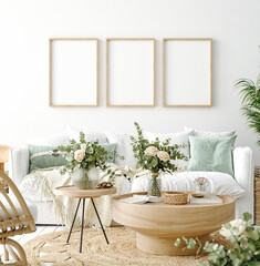 Mockup frame in coastal boho living room interior background, 3d render © artjafara