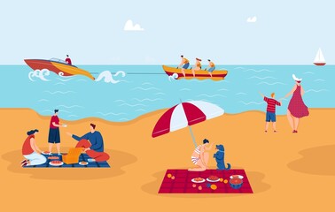 Sea vacation, entertainment, surfing yachting and picnic at sea shore vector illustration. Swimming, sailing on summer vacation. Recreation, people rest, sunbathing at sand, ocean.
