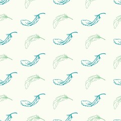 Abstract Repeat Background Pattern with Green Colored Feather Vector Hand Drawing