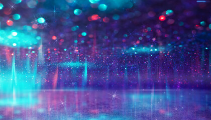 Blurred abstract background. Blurry lights, bokeh. Festive template. The neon glow is reflected on the surface. 3d illustration