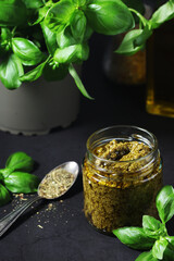 Homemade pesto in a glass jar