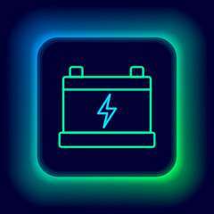 Glowing neon line Car battery icon isolated on black background. Accumulator battery energy power and electricity accumulator battery. Colorful outline concept. Vector.