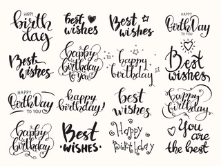 Happy birthday, Best wishes handwritten modern brush lettering made with ink. Big artistic collection of design elements for congratulation card, banner, poster, flyer templates. Isolated vector set.