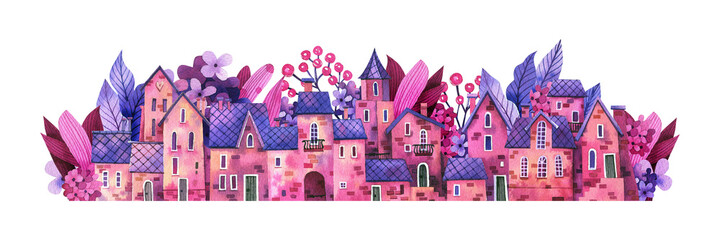 Medieval town with tiled roofs, flowers and herbs hand-drawn in watercolor. Illustration in pink and lilac colors flower street with cute houses.