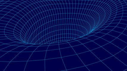 Futuristic blue funnel. Wireframe space travel tunnel. Abstract blue wormhole with surface warp. Vector illustration.