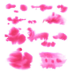 Collection of pink watercolor stains isolated on white background. Abstract watercolor stains, ink, pink.