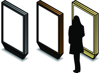 A set of three backlit advertising billboards in dark grey, bronze and beige ready for you to insert your own graphics. The silhouette figure is removable.