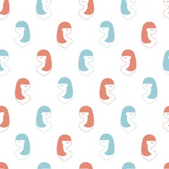 Casual seamless pattern with beautiful long haired girl profile vector line art