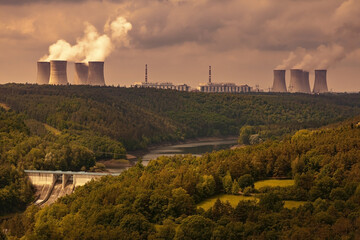 
Nuclear power plant Dukovany in Czech Republic Europe. Sunset sky.
