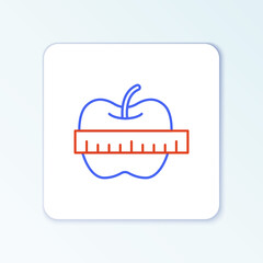 Line Apple and measuring tape icon isolated on white background. Excess weight. Healthy diet menu. Fitness diet apple. Colorful outline concept. Vector.