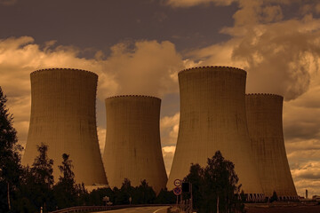 
Nuclear power plant Temelin, Czech Republic. Sunset sky.