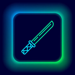 Glowing neon line Traditional Japanese katana icon isolated on black background. Japanese sword. Colorful outline concept. Vector.