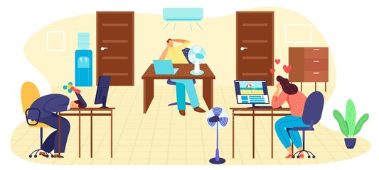 Hot summer day at office work, high temperature vector illustration. Businessman suffering summer heat and fanning with fan at job, overheating. Hot summertime day working.