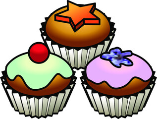 A set of three cupcakes (Set 1) Each cupcake is a separate item.