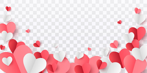 Valentines hearts postcard. Paper flying elements on transparent background. Vector symbols of love in shape of heart for Happy Women's, Mother's, Valentine's Day, birthday greeting card design. PNG