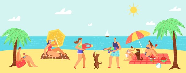 Hot summer vector illustration. Happy people enjoying summer vacations on beach, sunbathing on hot day in summertime. Tourism and travel at sea, sailboat.