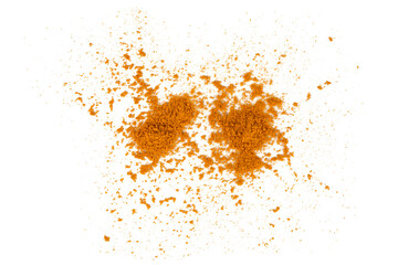 Turmeric powder spice pile isolated on white background. Top view.