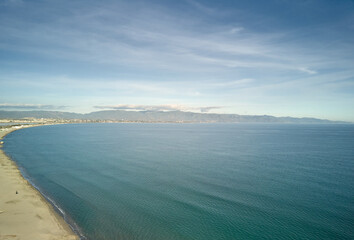 Seascape Aerial Shot Of A Beach of (Poetto) in Caglairi - Sardinia - italy.