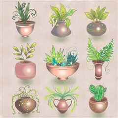 Green House plants in brown flower pots 