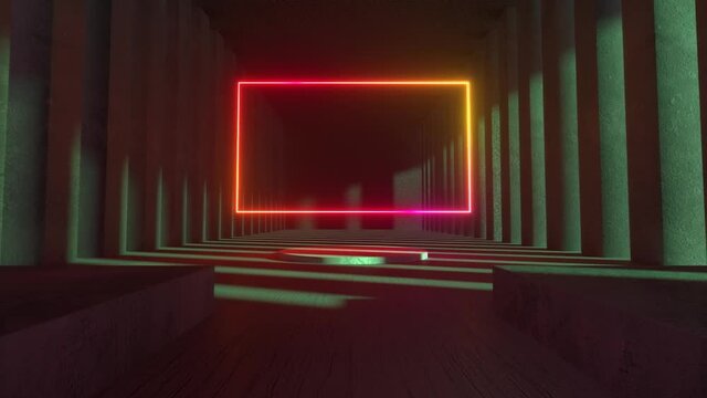 Bright neon frame in the middle of a stone concrete museum. Copy space. Modern light spectrum. Architectural neon animation background