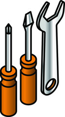A set of tools - two screwdrivers and a spanner.
