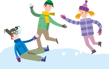 Active winter fun. A group of happy children are playing snowballs. Flat infographics. Vector illustration..