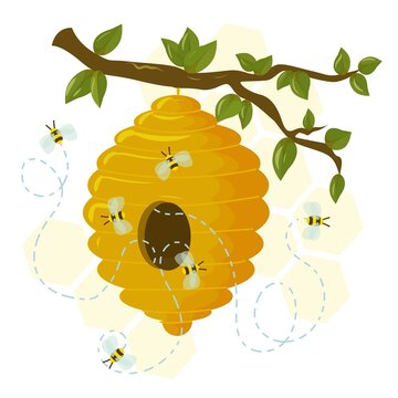 beehive with bees around on a honeycomb background. natural bee honey.
beehive drawn in cartoon style vector illustration isolated on white background