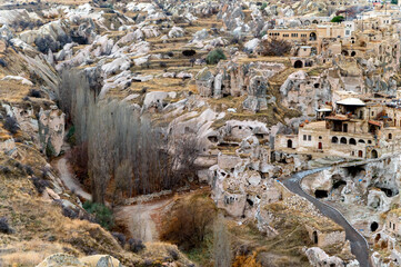 Fototapeta na wymiar Landscape view of Uchisar, Cappadocia, Turkey under cloudy sky