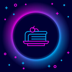 Glowing neon line Piece of cake icon isolated on black background. Happy Birthday. Colorful outline concept. Vector.