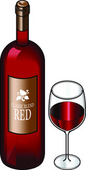 A bottle and a glass of red wine.