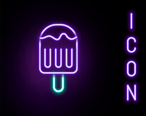 Glowing neon line Ice cream on stick icon isolated on black background. Sweet symbol. Colorful outline concept. Vector.