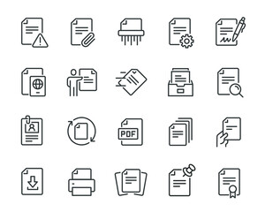 Document icons set. Collection of simple linear web icons such as Archive, Shredder, Printer, Send, Print, Format, Search, Customize, Download, Sign Document and others. Editable vector stroke.