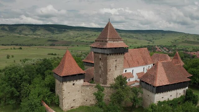 4K Aerial view of Viscri Fortified Church from Transylvania