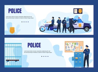 Police concept with officers and police station banners vector illustration. Policeman and policewoman in uniform, city police department building, police car. Security guards job, patrol.