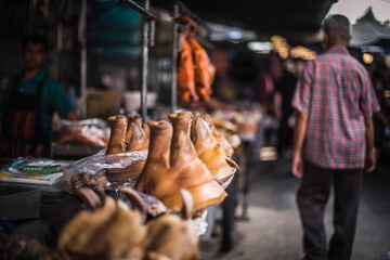 A shop for selling Braised Pork Head in Hua Takhe Community Market, Bangkok, Thailand