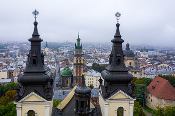 Fototapeta premium Aerial view on Carmelite Church ( Michael the Archangel church) in Lviv, Ukraine from drone