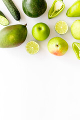 Variety of green fruits and vegetables for protein vegetarians meal