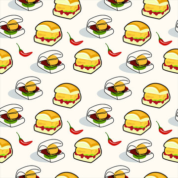 cartoon vegetarian burger Indian traditional street foods vada pav seamless  pattern template idea Stock Vector | Adobe Stock