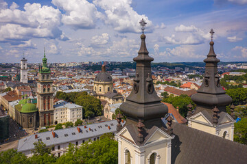 Aerial view on Carmelite Church ( Michael the Archangel church) in Lviv, Ukraine from drone