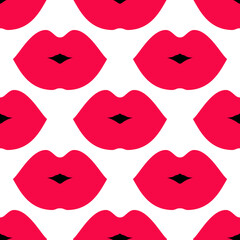 Abstract seamless pattern with red female lips. Kiss on a white background. Vector illustration.