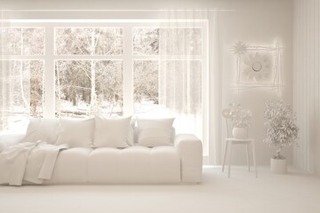 Mock up of stylish room in white color with sofa and winter landscape in window. Scandinavian interior design. 3D illustration