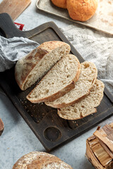 Homemade bread sourdough, rustic baked bread in wickerwork basket