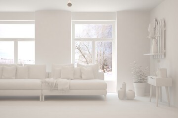 White minimalist living room with sofa. Scandinavian interior design. 3D illustration