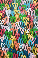 Abstract background with multicolored hearts painted with paint. The wall is brightly painted with a pattern in the form of hearts. symbol of love, romance, background for Valentine's Day