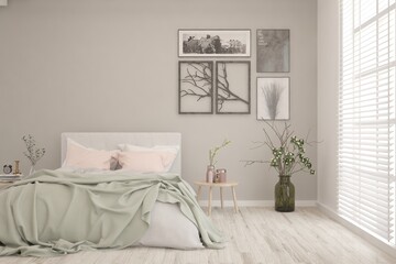 White bedroom interior. Scandinavian design. 3D illustration
