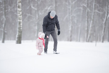 Little daughter in overalls and young father walking on white first snow at park. Spending time together in beautiful winter day. Enjoying peaceful stroll.