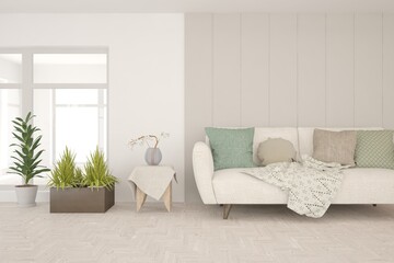 White living room with sofa. Scandinavian interior design. 3D illustration